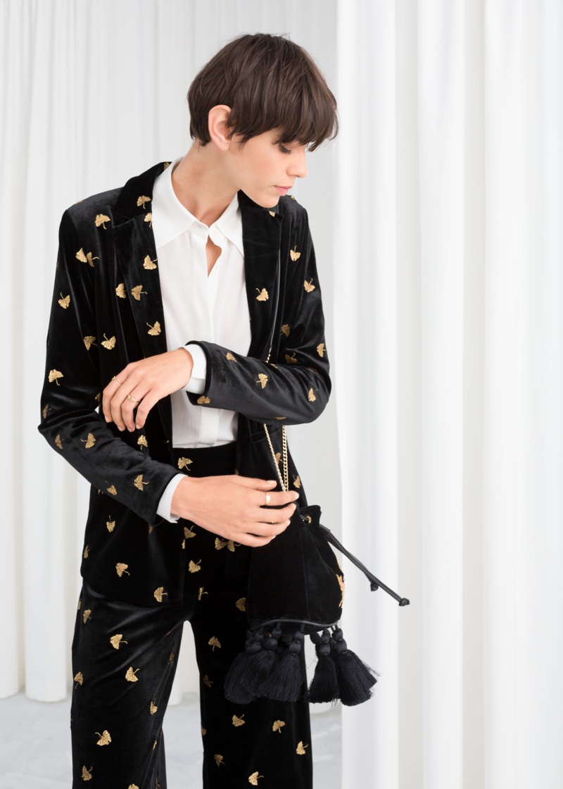 & Other Stories Embroidered Velvet Blazer $129