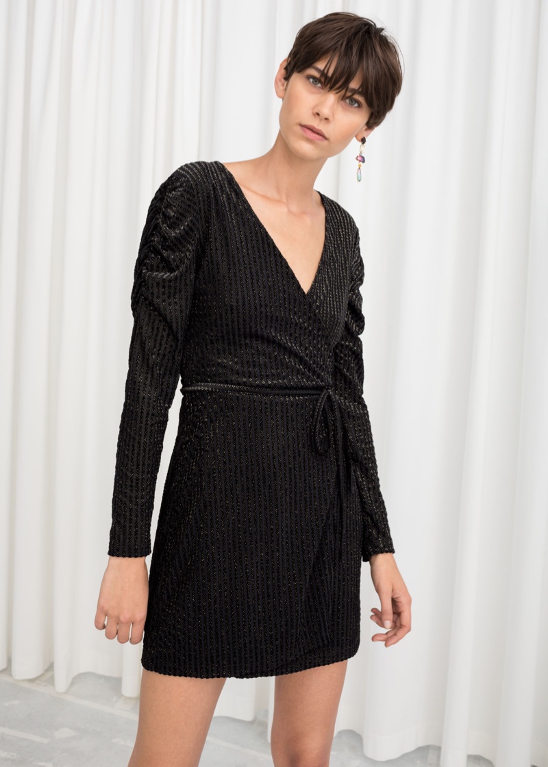 & Other Stories Glitter Stripe Velvet Wrap Dress $69