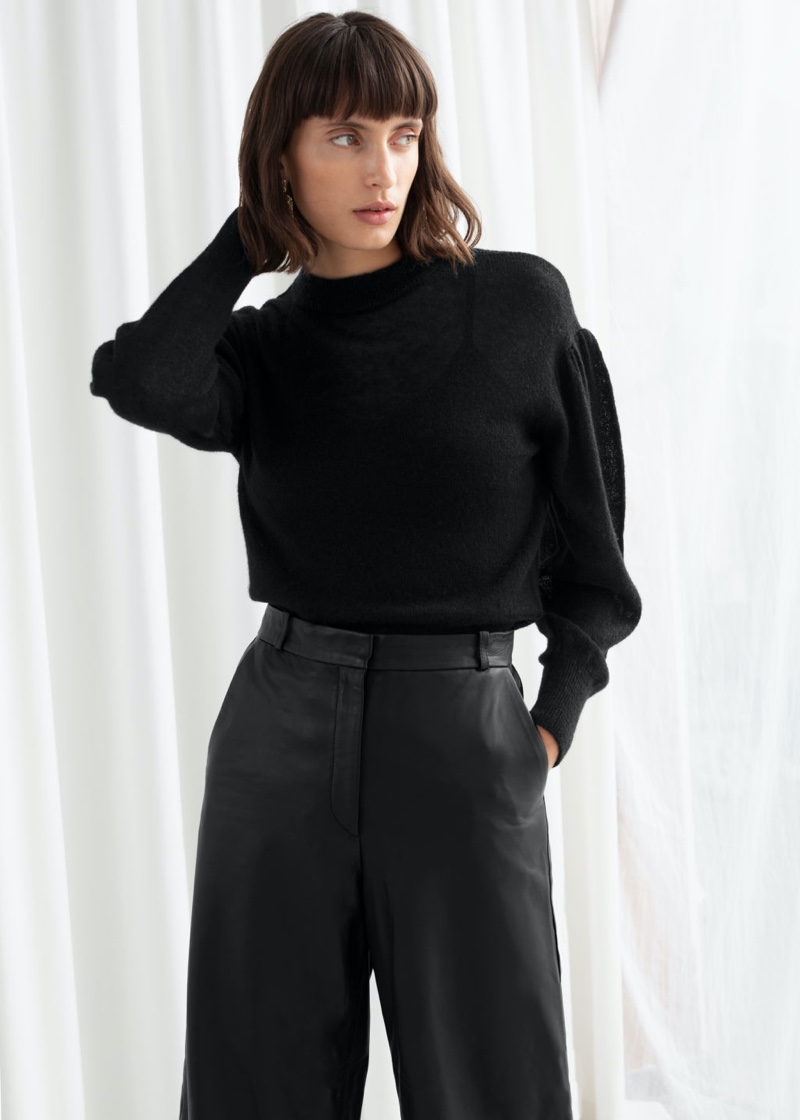 & Other Stories Wool Blend Puff Sleeve Sweater in Black $69