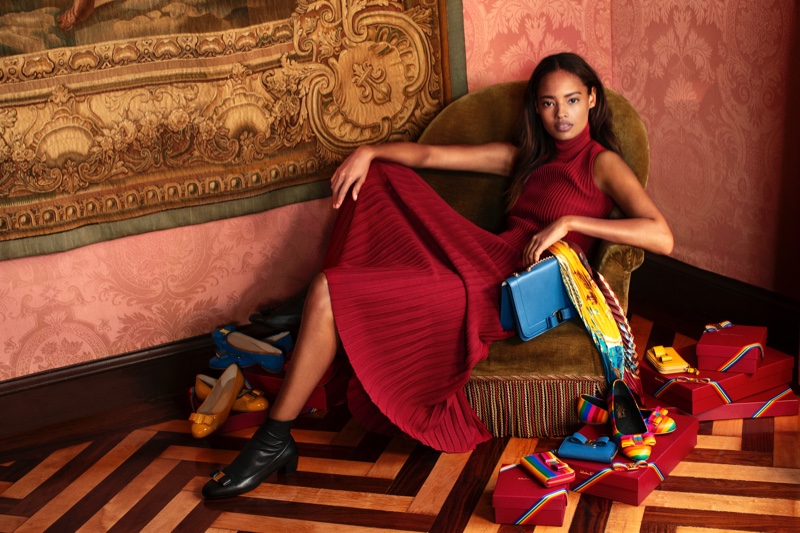 Model Malaika Firth appears in Salvatore Ferragamo Holiday 2018 campaign