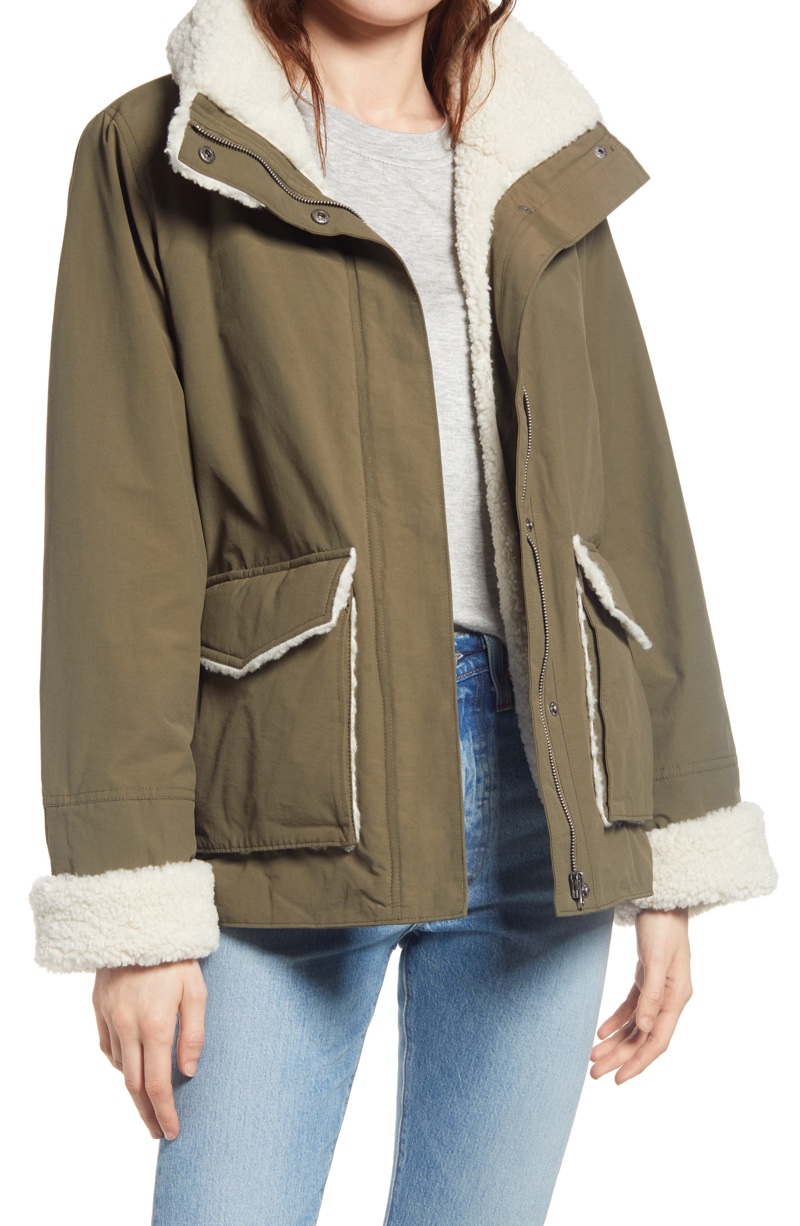 Thread & Supply Faux Shearling Cotton Blend Barn Jacket in Dark Olive $39.50 (previously $79)