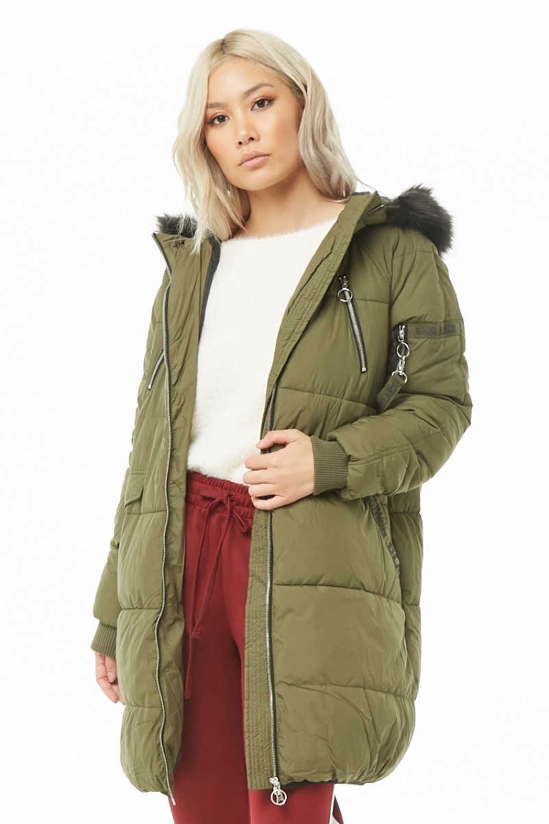 Vero Moda Hooded Longline Puffer Jacket in Olive $78