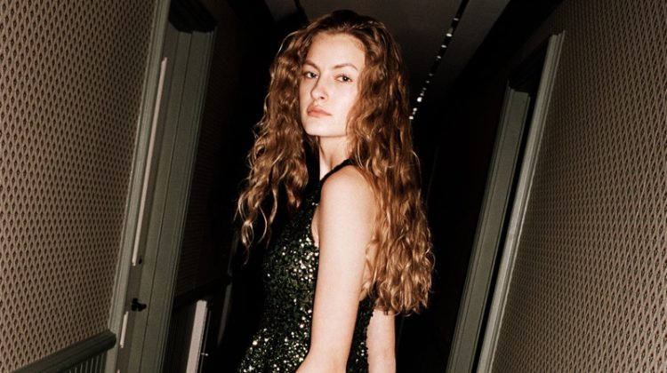 Felice Noordhoff poses in Zara Long Sequin Dress and Velvet Bag with Tassel