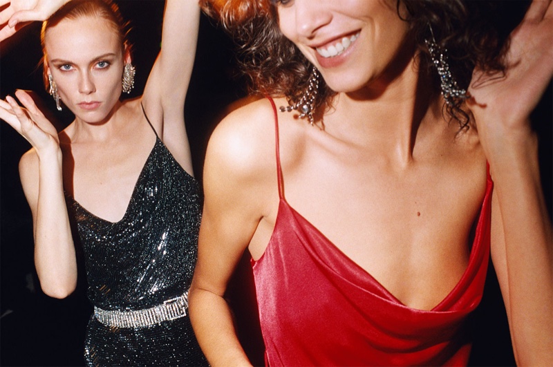 (Left) Zara Glittery Dress with Rhinestone Belt (Right) Zara Red Camisole Dress with Silver Fringe Earrings