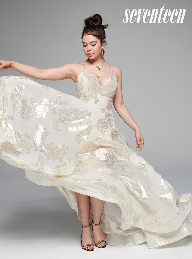 Auli’i Cravalho wears an embroidered dress in ivory
