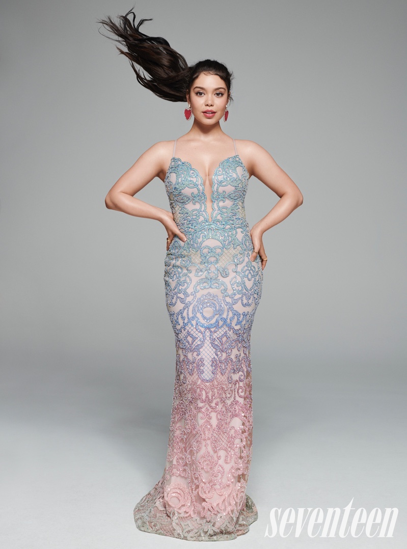Turning up the shine factor, the Moana star poses in a multicolored gown