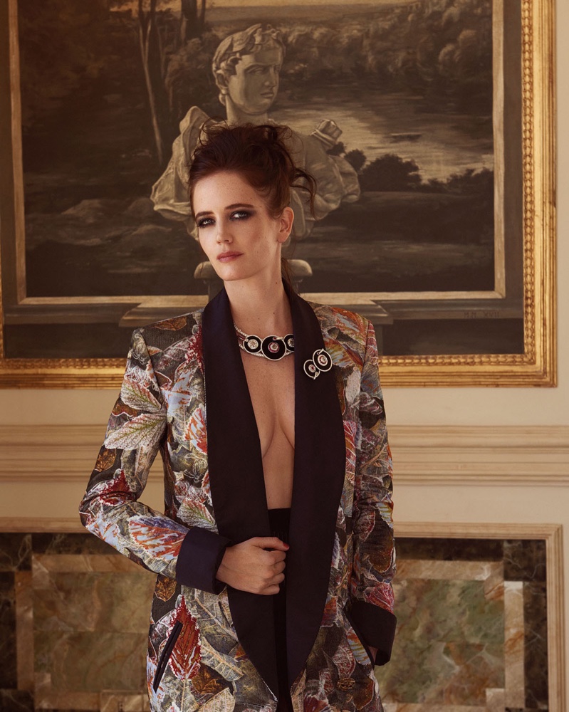 Actress Eva Green wears a Chanel brocade jacket