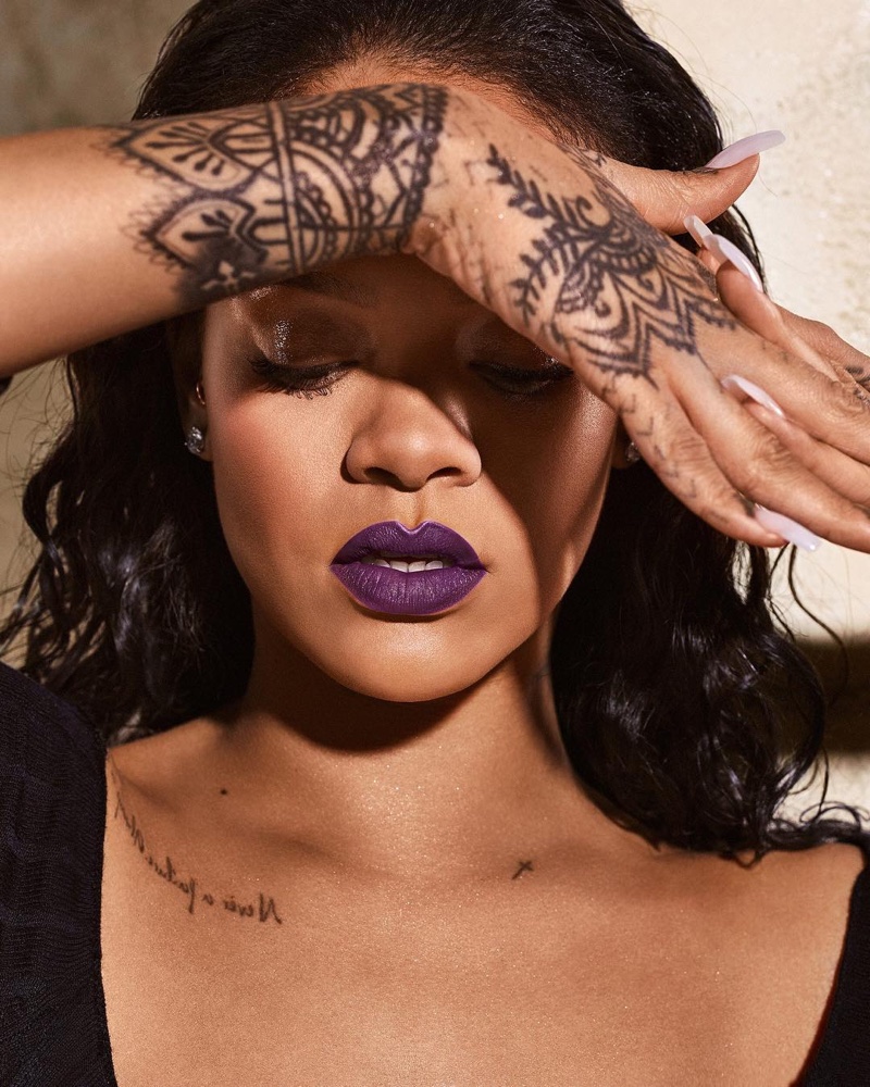 Rihanna wears Violet Fury shade from Fenty Beauty Mattemoiselle lipstick line