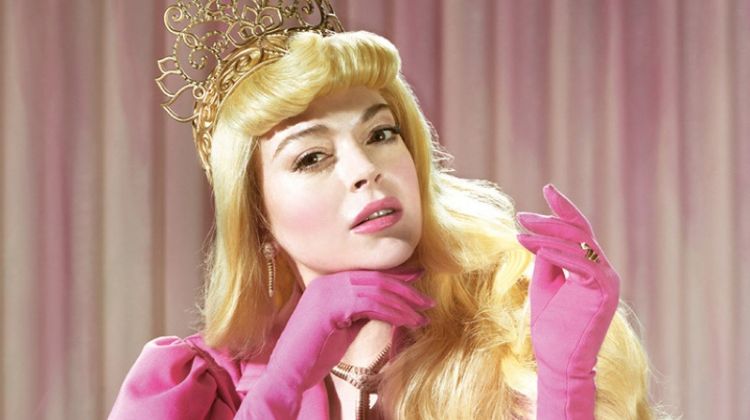 Lindsay Lohan poses in Gorge Keburia jacket and gloves with The Shiny Squirrel tiara