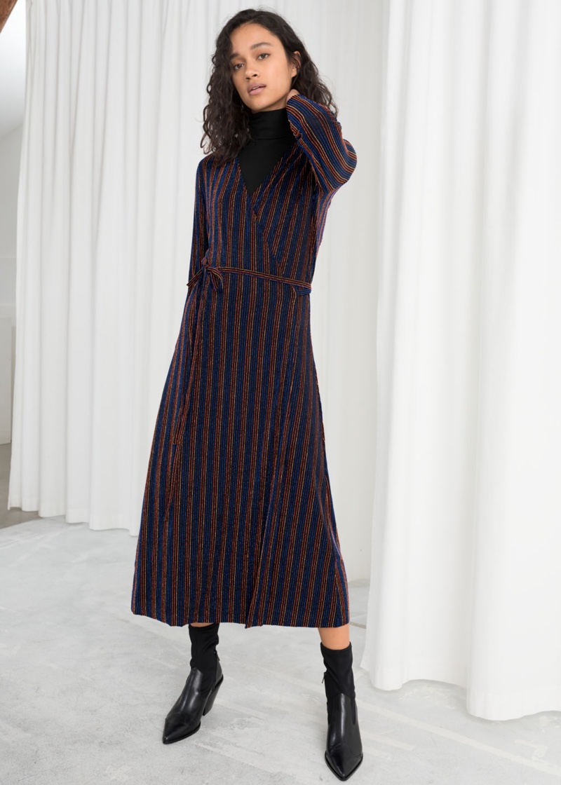 & Other Stories Glitter Stripe Wrap Midi Dress $99