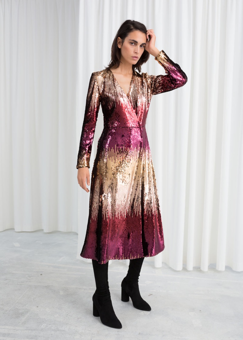 glitter wrap midi dress