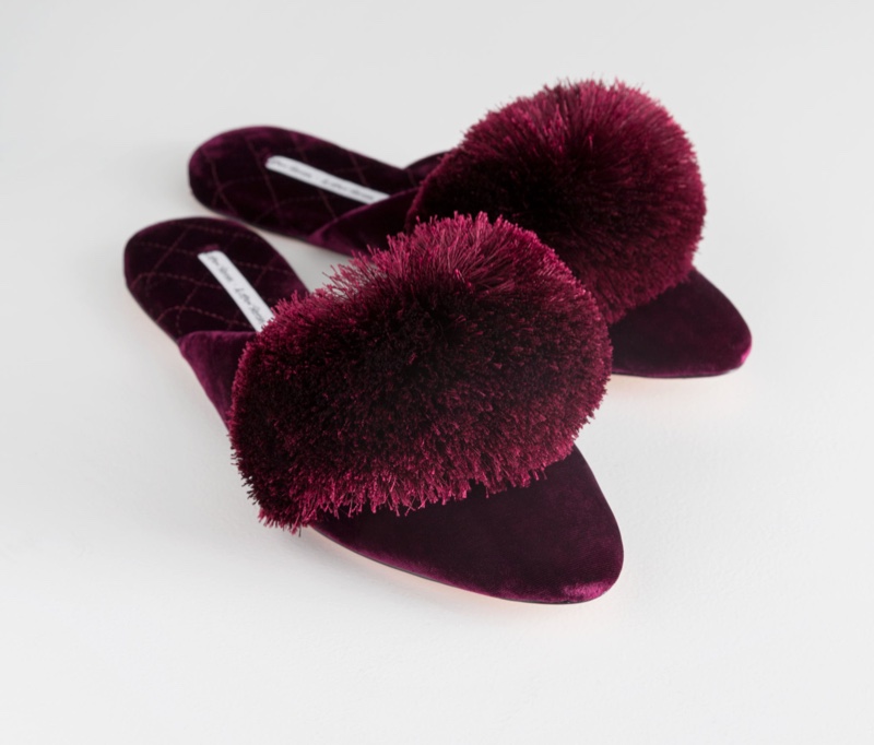 & Other Stories Velvet Pom Pom Indoor Slippers $79