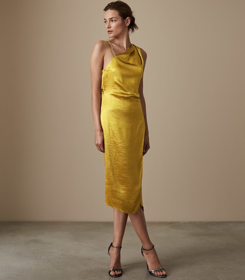 REISS Positano Strappy Cocktail Dress in Gold $370