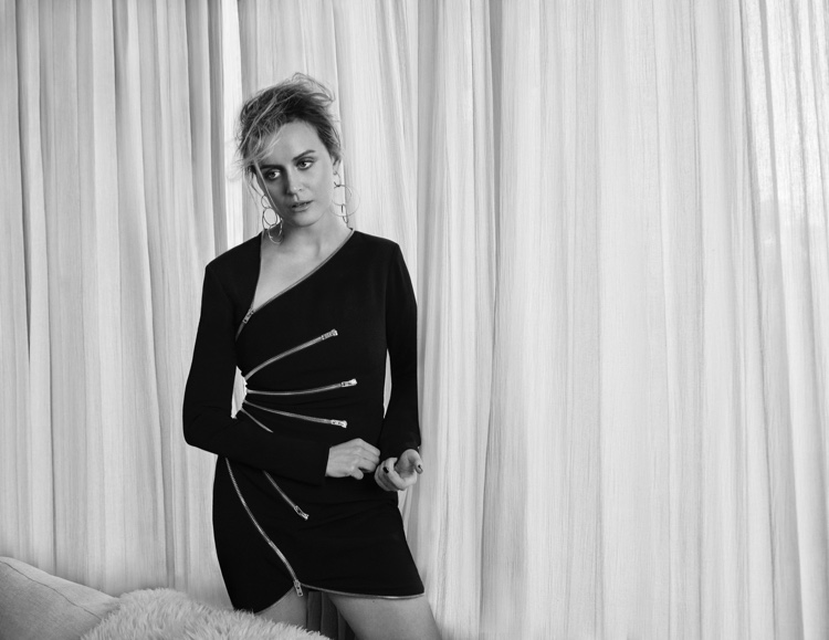 Actress Taylor Schilling wears Alexander Wang dress