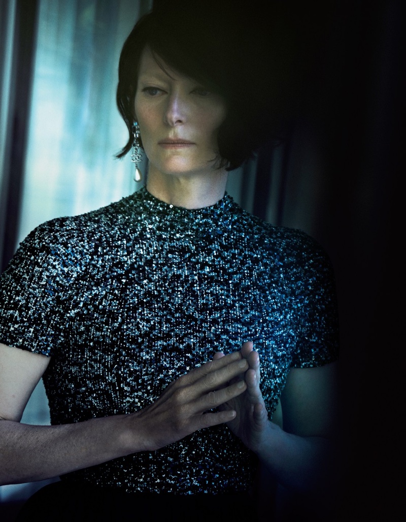 Tilda Swinton sparkles in a glittery top