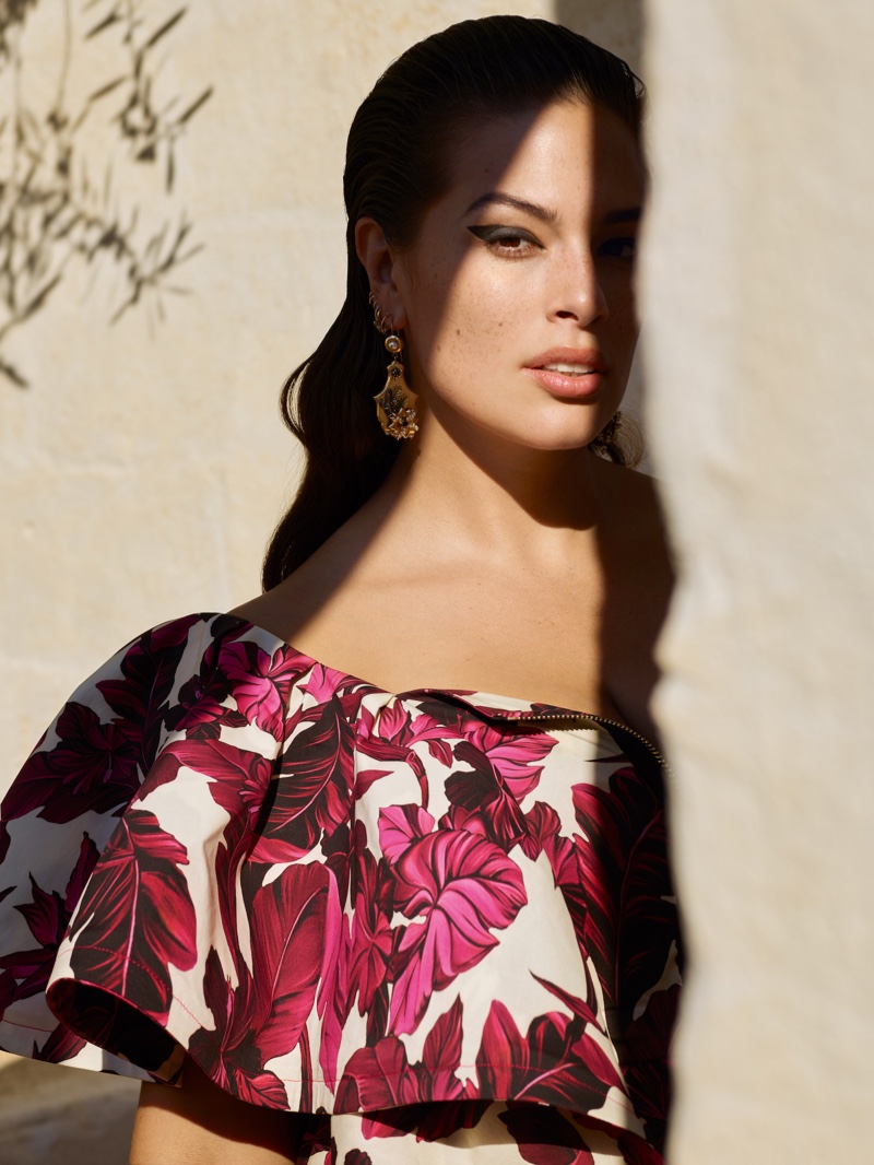 Ashley Graham wears floral prints in Marina Rinaldi spring 2019 campaign