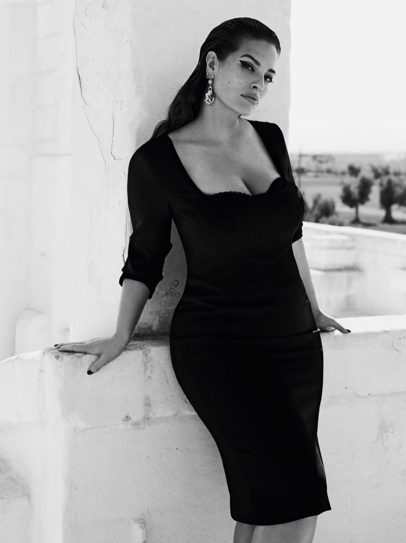 Wearing a little black dress, Ashley Graham fronts Marina Rinaldi spring-summer 2019 campaign