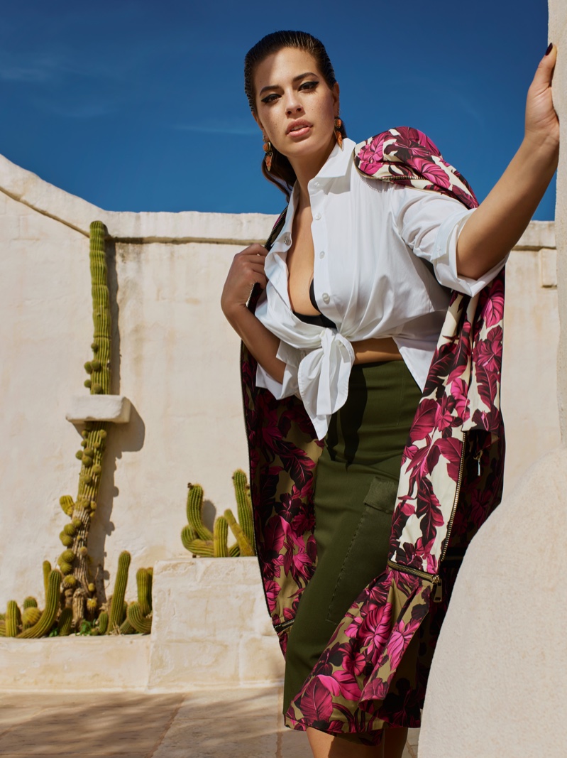 The curvy model shows off her shape in Marina Rinaldi's spring-summer 2019 campaign