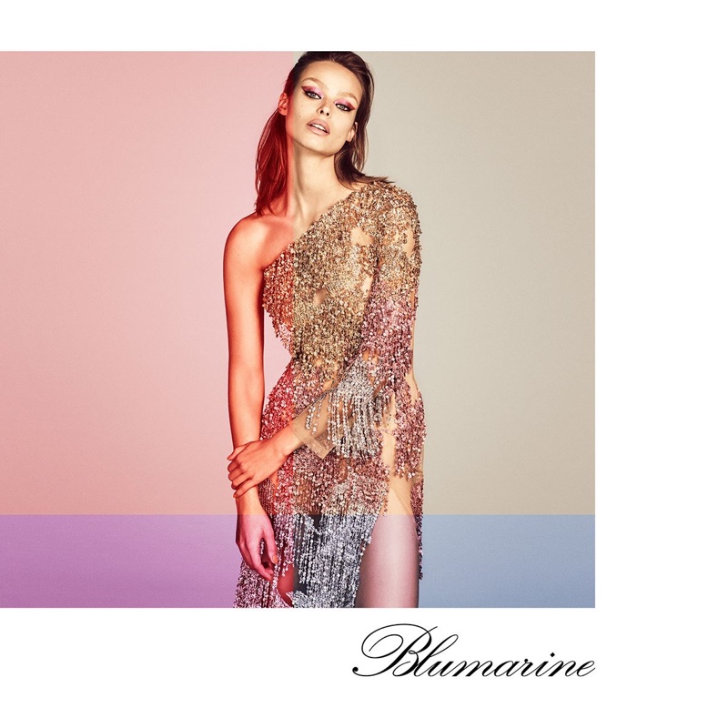 Model Birgit Koss wears crystal embellished dress for Blumarine spring-summer 2019 campaign