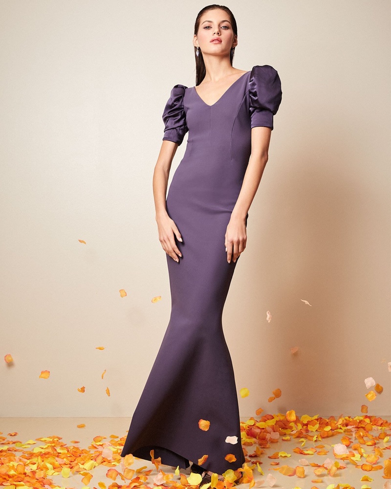 Chiara Boni La Petite Robe Maeve V-Neck Shirred Satin-Sleeve Mermaid Gown $1,090