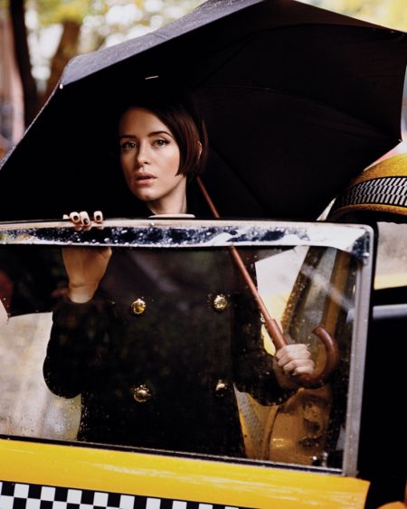 Claire Foy Looks Retro Chic in WSJ. Magazine Posing next to a cab, Claire Foy wears Prada coat and Prada headband