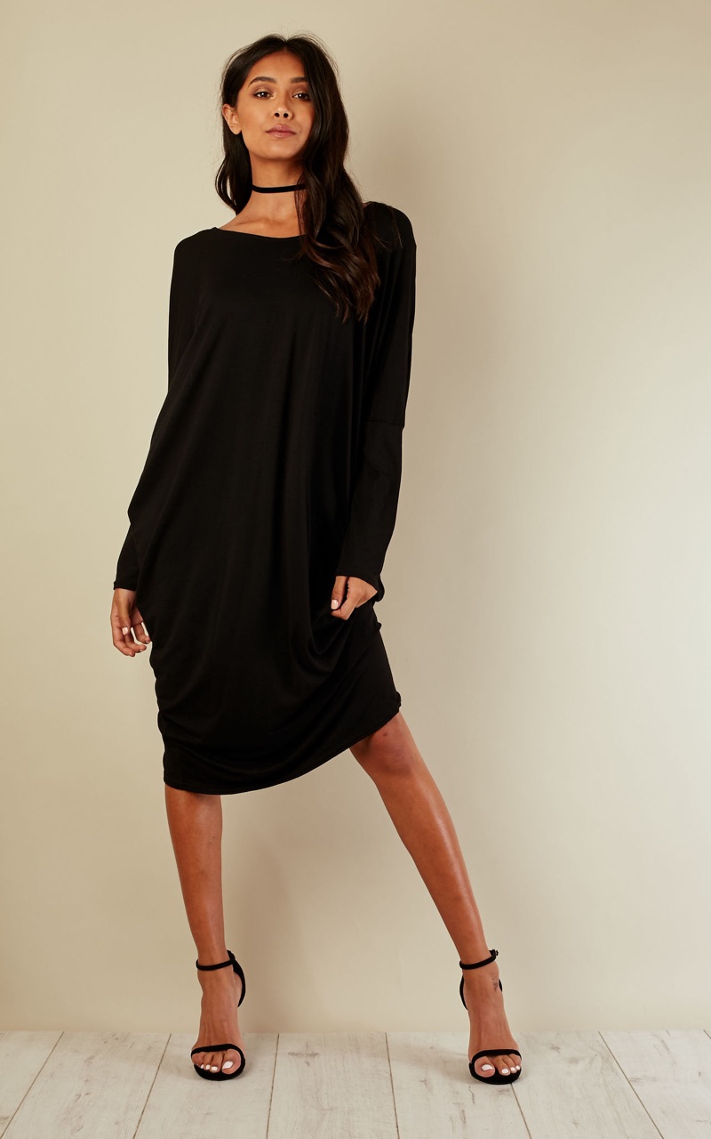 Black Scoop Neck Batwing Dress