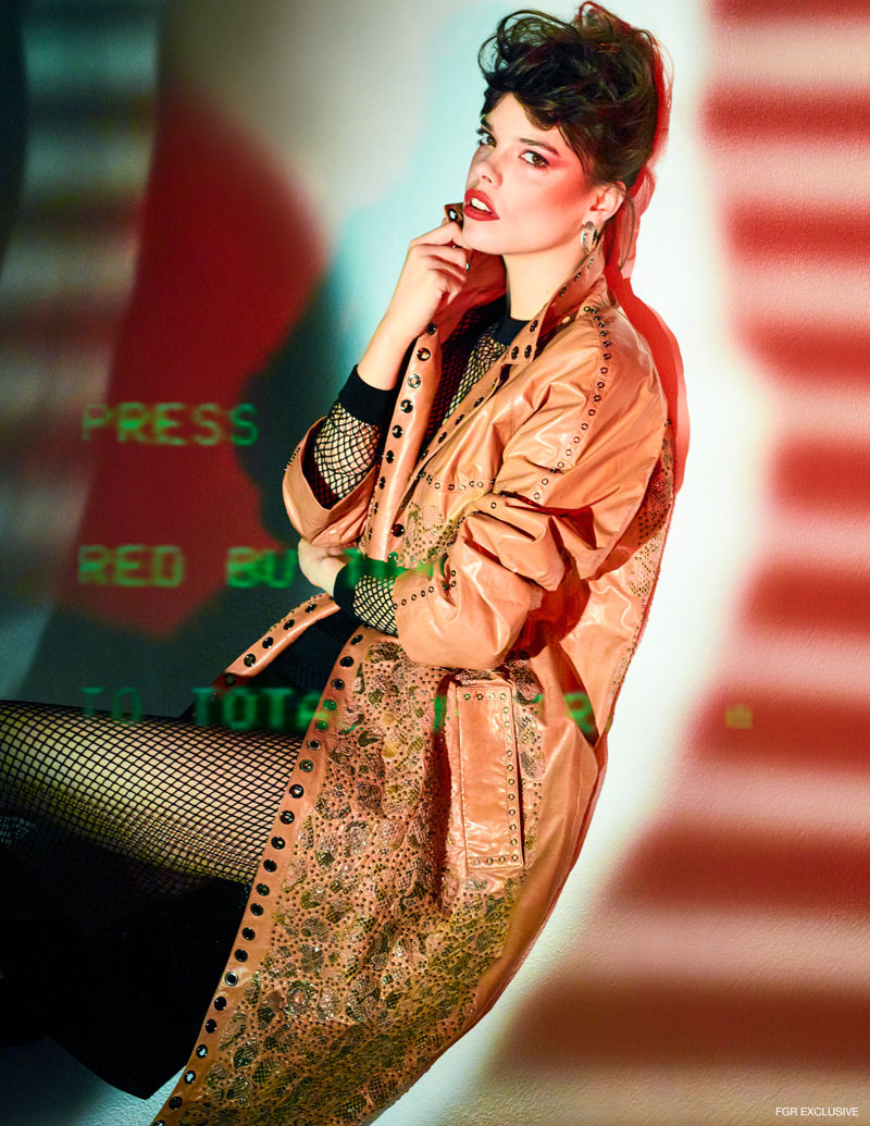 Bottega Veneta Leather Embellished Coat,  Altuzarra Fishnet Dress & Lucite Earring and Colette Malouf Lucite Hair Pin. Photo: Enrique Vega