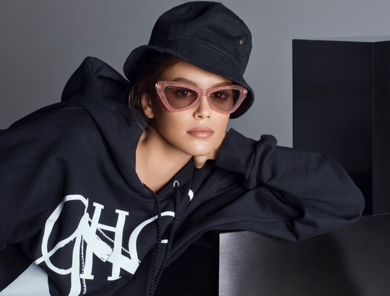 Kaia Gerber wears cat eye sunglasses from Jimmy Choo spring-summer 2019 campaign
