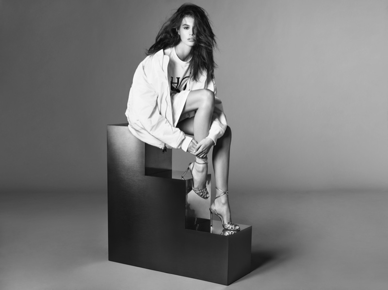 Photographed in black and white, Kaia Gerber fronts Jimmy Choo spring-summer 2019 campaign