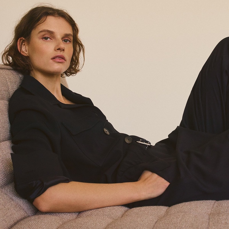 Dressed in black, Giedre Dukauskaite poses for Massimo Dutti lookbook