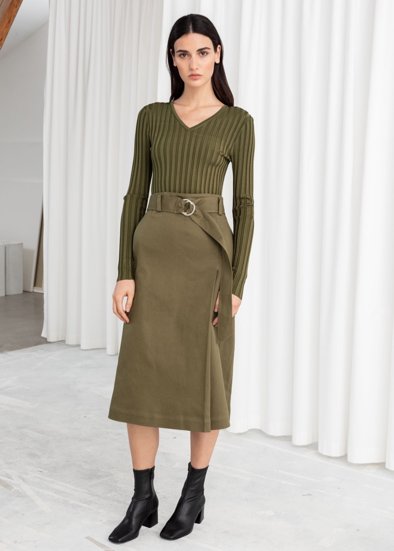 & Other Stories Belted A-Line Midi Skirt in Khaki $79