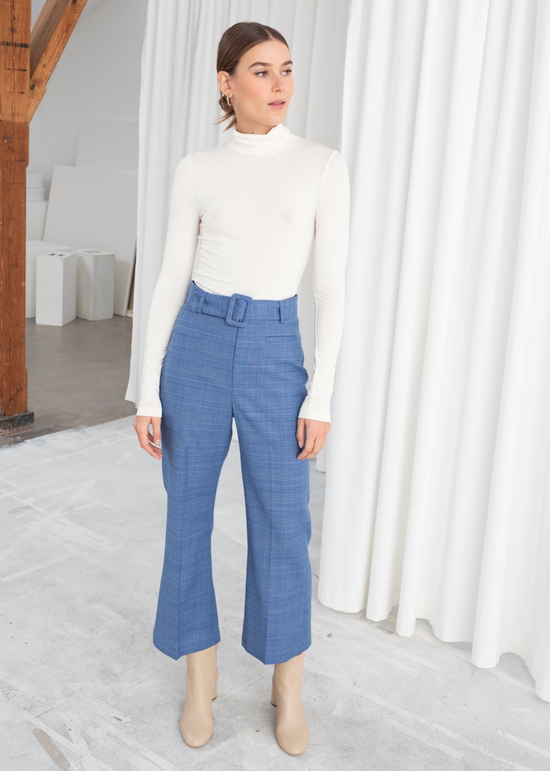 & Other Stories Belted Plaid Trousers in Blue $99