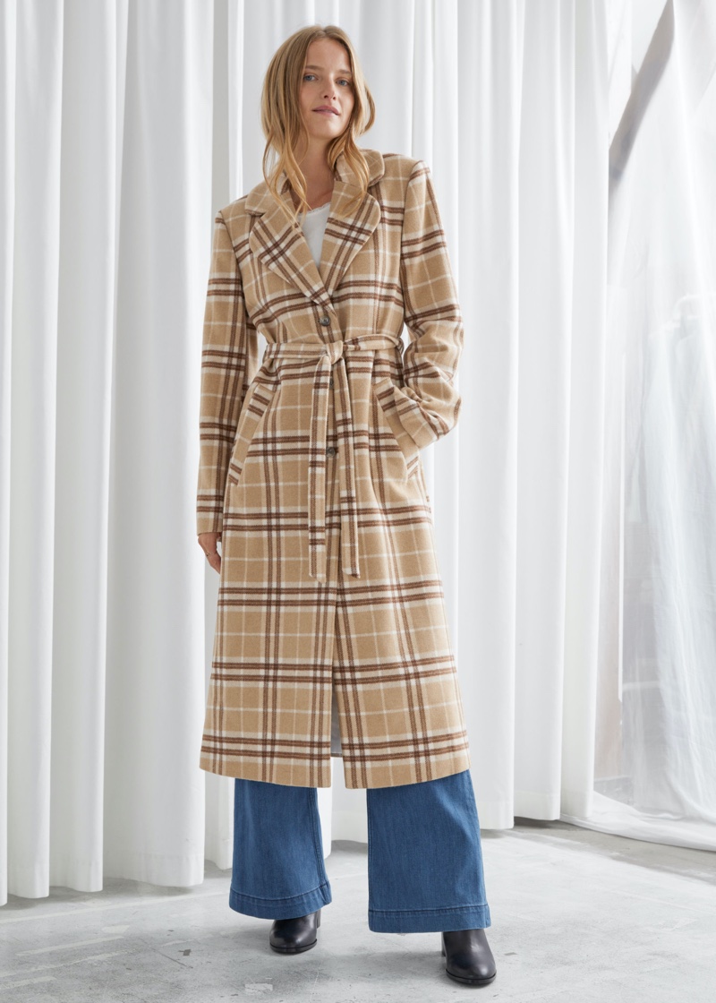 & Other Stories Belted Wool Blend Coat in Brown Checks $249