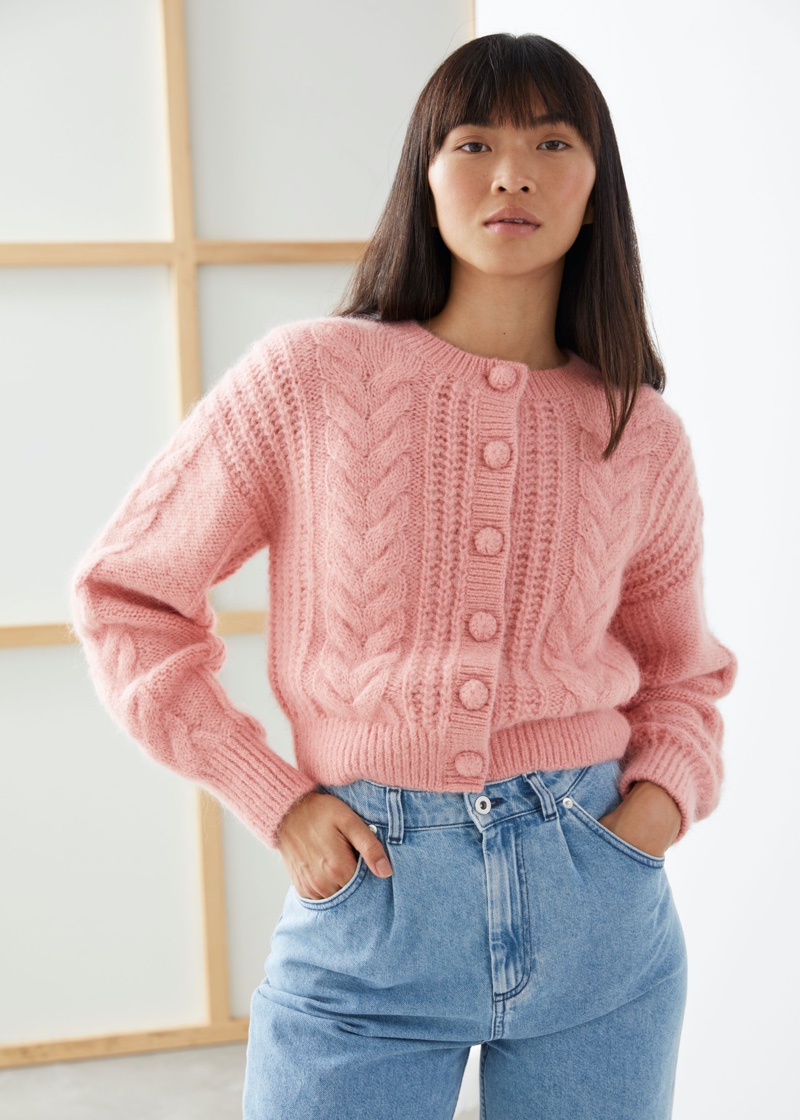 & Other Stories Cropped Button Up Knit Sweater in Pink $119