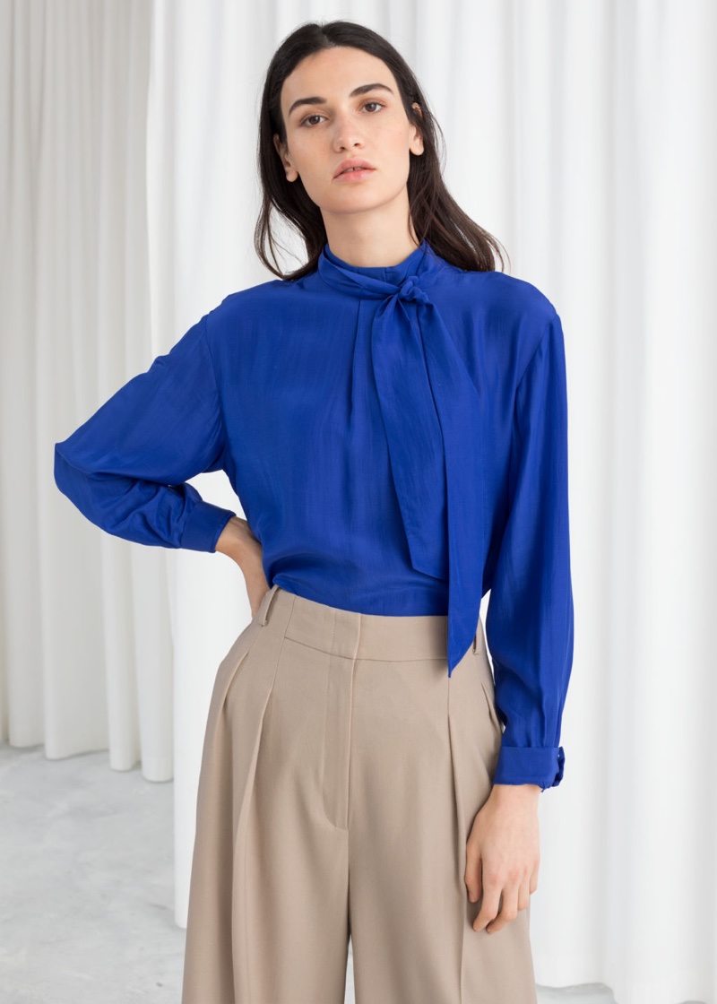 & Other Stories Straight Fit Pussy Bow Blouse in Blue $69
