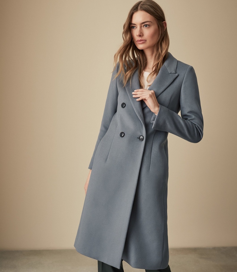 REISS Heston Longline Double Breasted Coat Slate $625