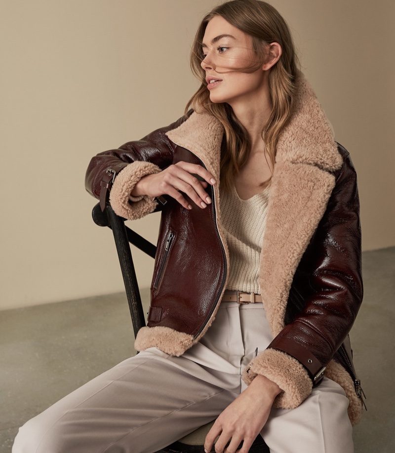 REISS Payton Patent Shearling Aviator Jacket $1,790