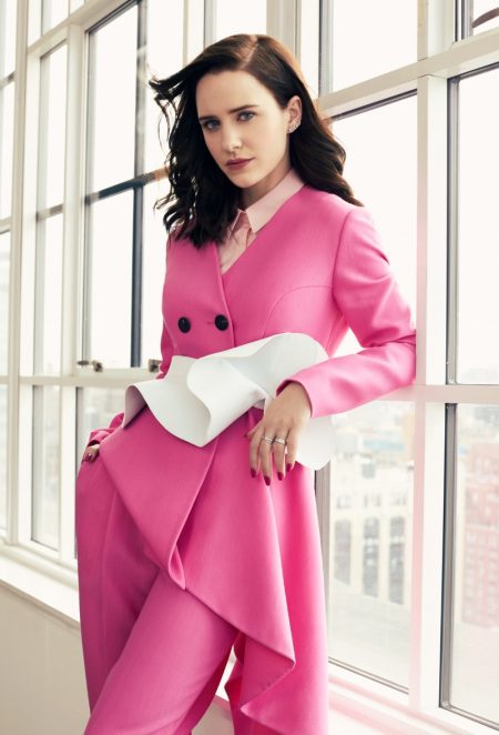 The Marvelous Mrs. Maisel's Rachel Brosnahan Suits Up for Bustle Photographed by Lara Jade, Rachel Brosnahan wears pink Delpozo pantsuit and belt