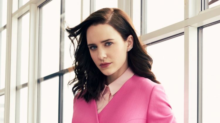 Photographed by Lara Jade, Rachel Brosnahan wears pink Delpozo pantsuit and belt