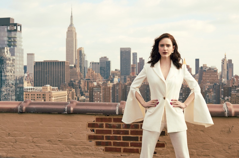 The actress poses in a Prabal Gurung suit jacket and pants