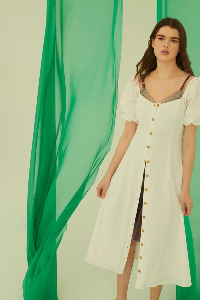 UO Maria Puff Sleeve Button-Front Midi Dress $79