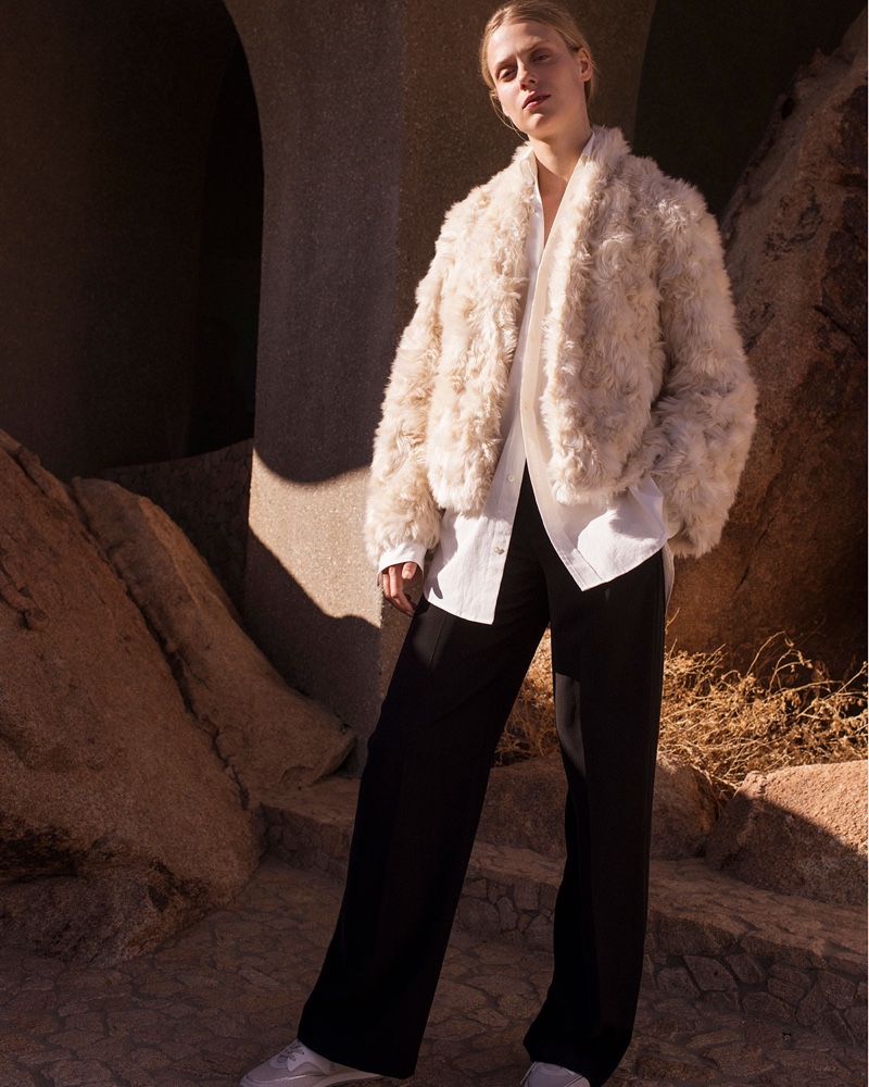 Vince Plush Faux-Fur Cropped Jacket $495, Oversized Classic Button-Down Shirt $255 and Relaxed High-Waist Wide-Leg Trousers $345