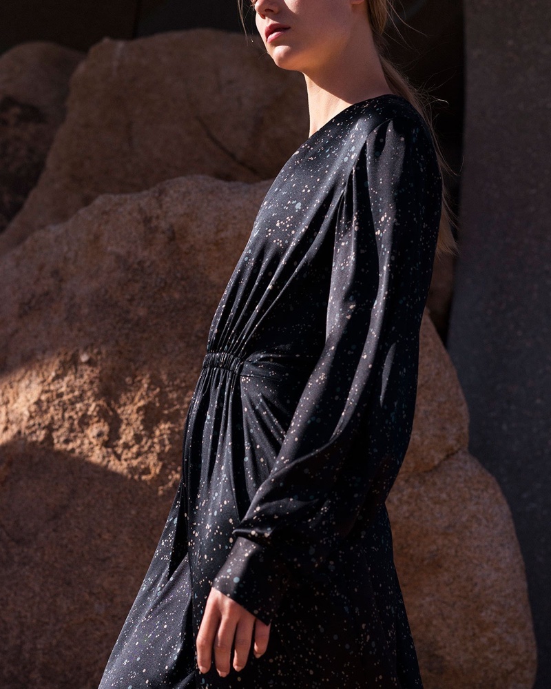 Vince Constellation-Print Satin V-Neck Long-Sleeve Dress $365