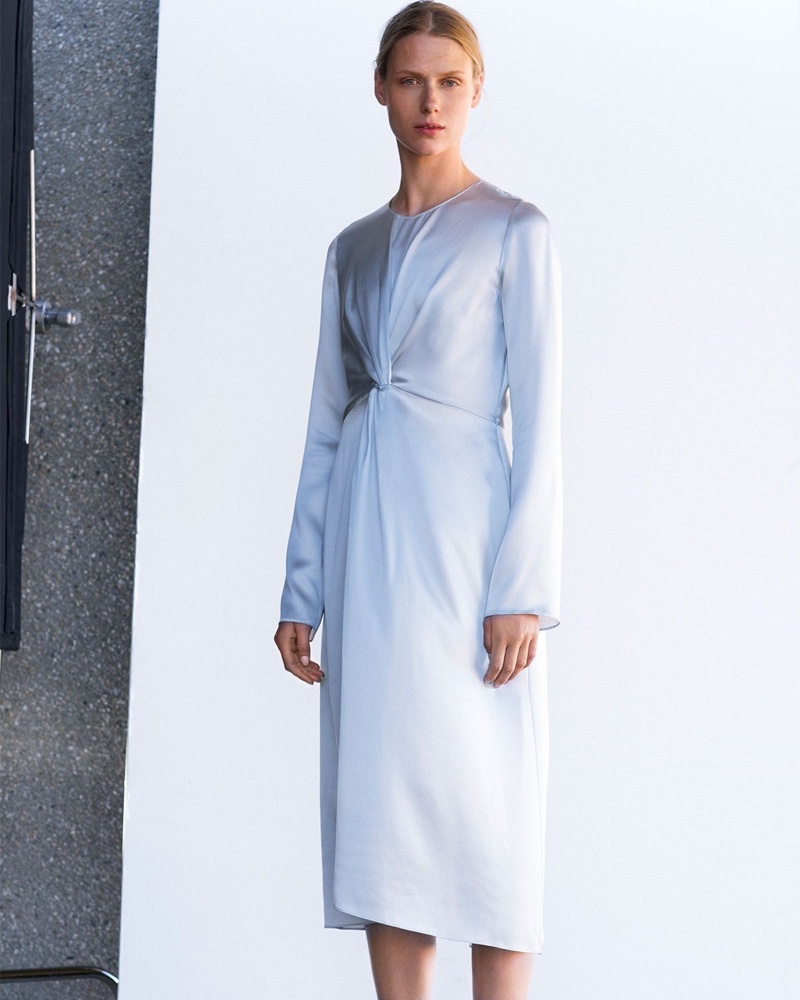 Vince Twist-Front Long-Sleeve Silk Midi Dress $425