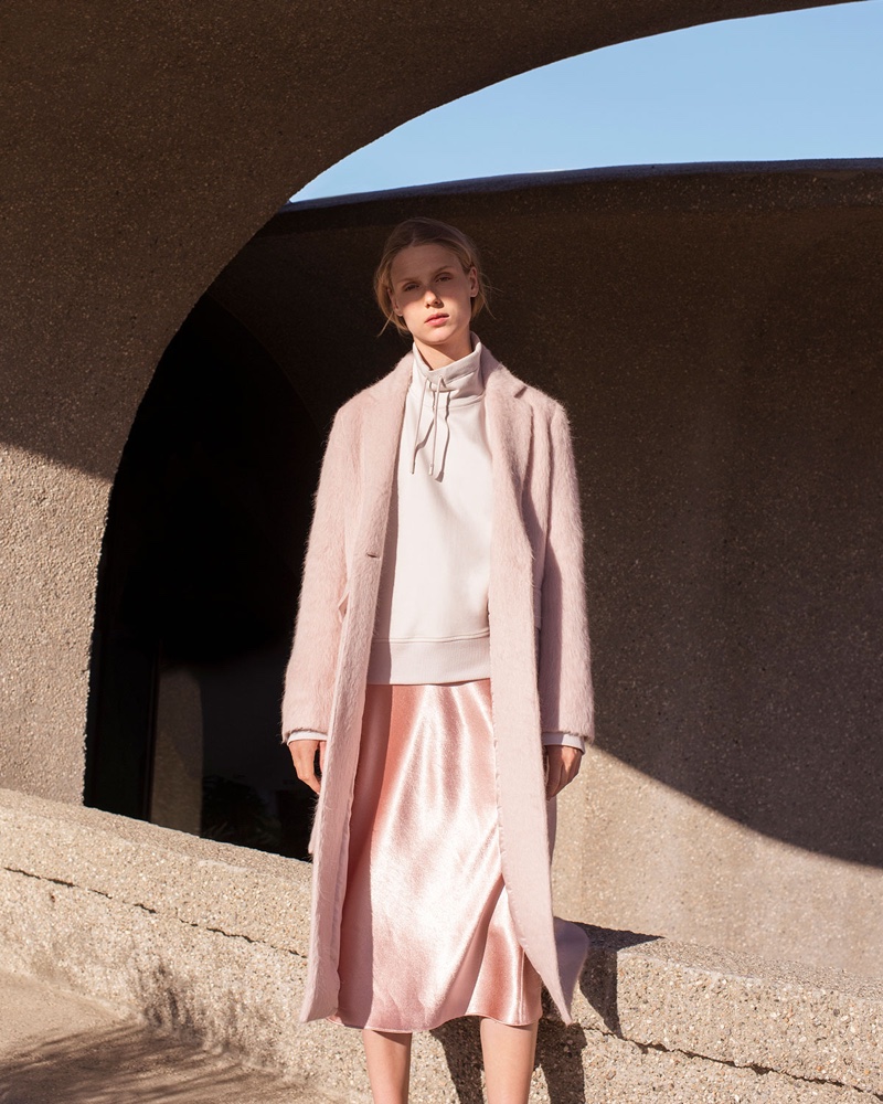 Vince Belted Single-Button Wool-Blend Long Coat $695, Funnel-Neck Dropped-Shoulder Pullover Sweatshirt $265 and Bias-Cut Satin Midi-Length Slip Skirt $265