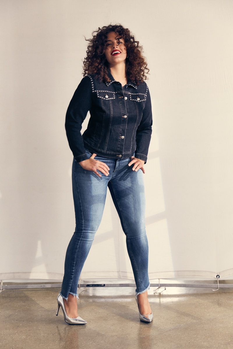 Wearing denim on denim, Ashley Graham models Marina Rinaldi spring 2019 jeans collection