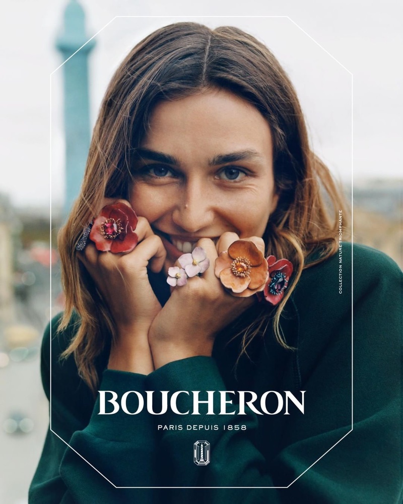 Model Andreea Diaconu wears flower rings in Boucheron campaign