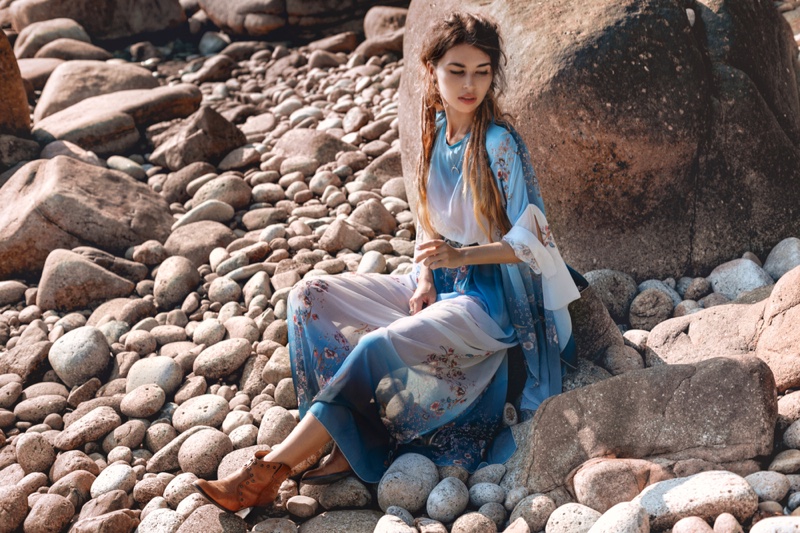 Model Bohemian Style Rocks Blue Top Skirt Outfit