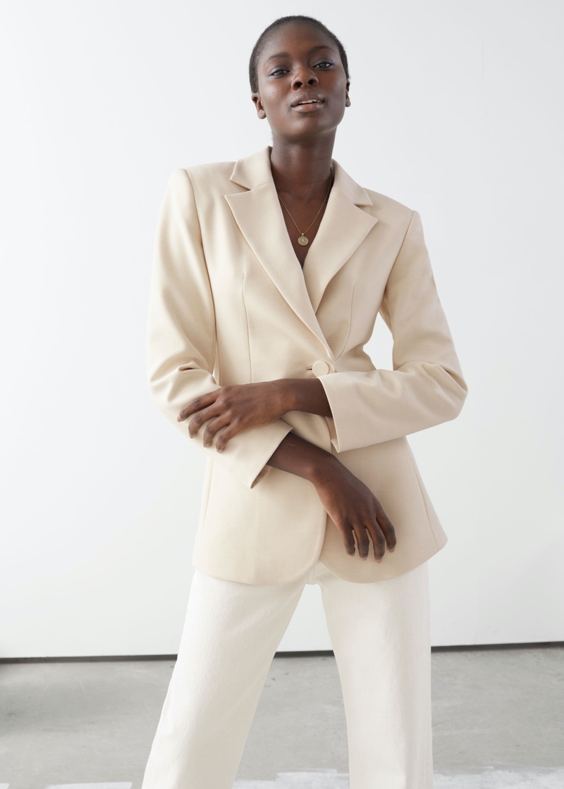 & Other Stories Asymmetric Single Button Structured Blazer in Light Beige $129