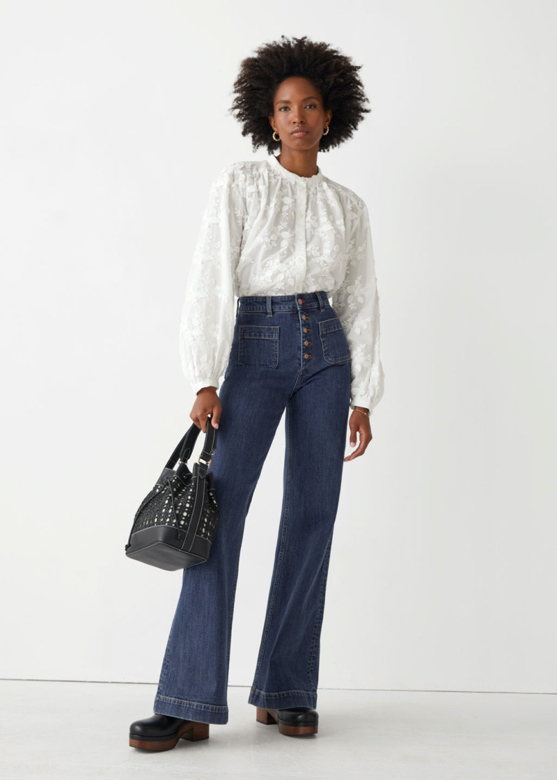 Other Stories Band Collar Blouse White Lace $119